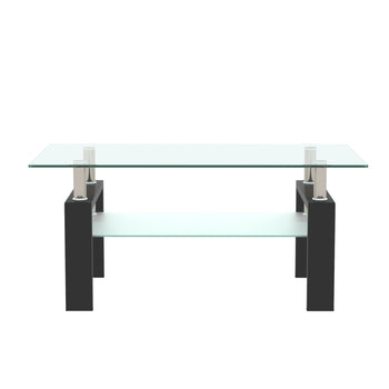 Tansole 38.6 in. Black Rectangle Glass Coffee Table With 2 Tier Storage Space